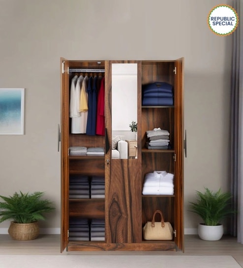 Maya 3 Door Wardrobe In Vintage Sheesham Finish With Mirror