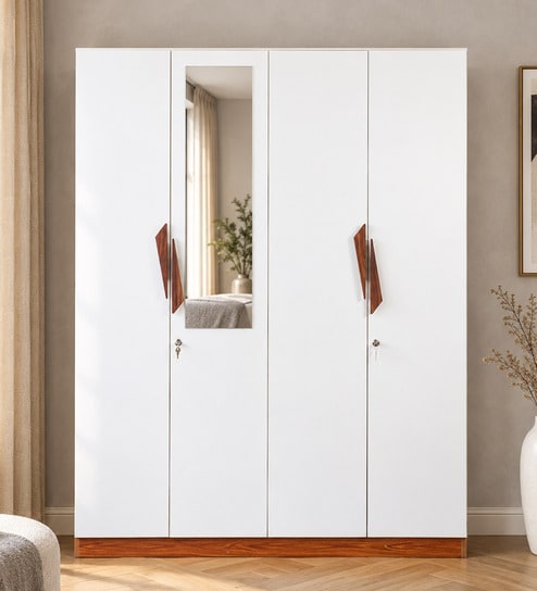 Maya 4 Door Wardrobe With Locker In Teak And White Finish With Mirror & Drawer