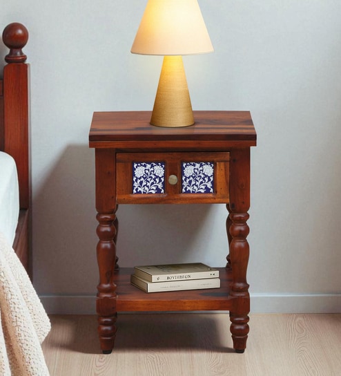 Mayur Sheesham Wood Bedside Table In Honey Oak Finish With Drawer