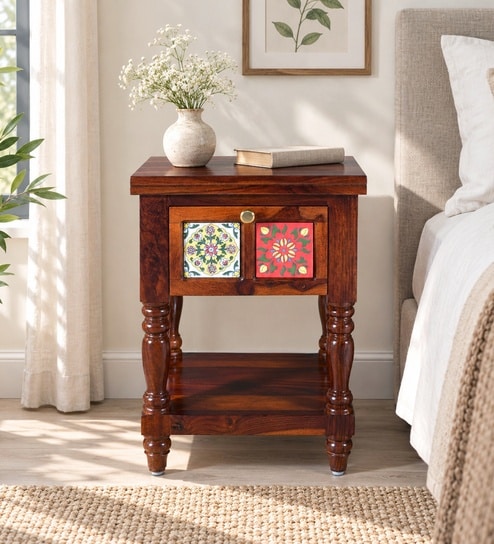 Mayur Sheesham Wood Bedside Table In Honey Oak Finish With Drawer