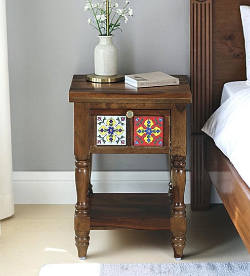 Mayur Sheesham Wood Bedside Table In Provincial Teak Finish With Drawer