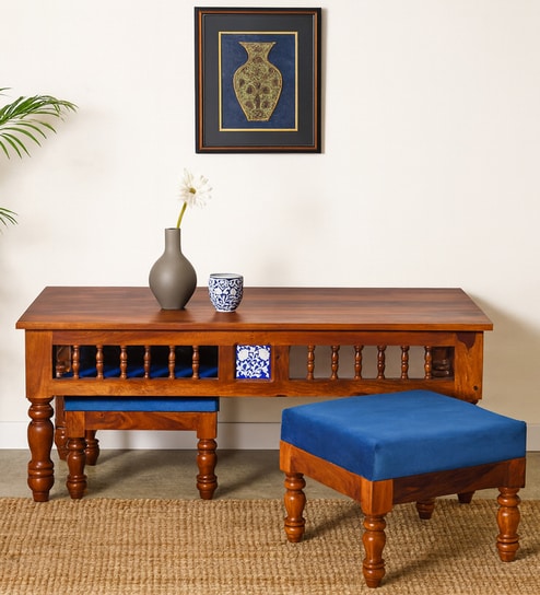 Mayur Sheesham Wood Nesting Coffee Table Set in Honey Oak Finish With Cushioned Stools