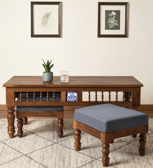 Mayur Sheesham Wood Nesting Coffee Table Set in Provincial Teak Finish With Cushioned Stools