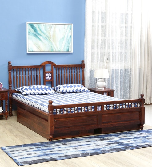 Buy Mayur Solid Wood Queen Size Bed In Honey Oak Finish By