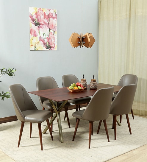 Mazi Solid Wood 6 Seater Dining Set in Autumn Brown Finish