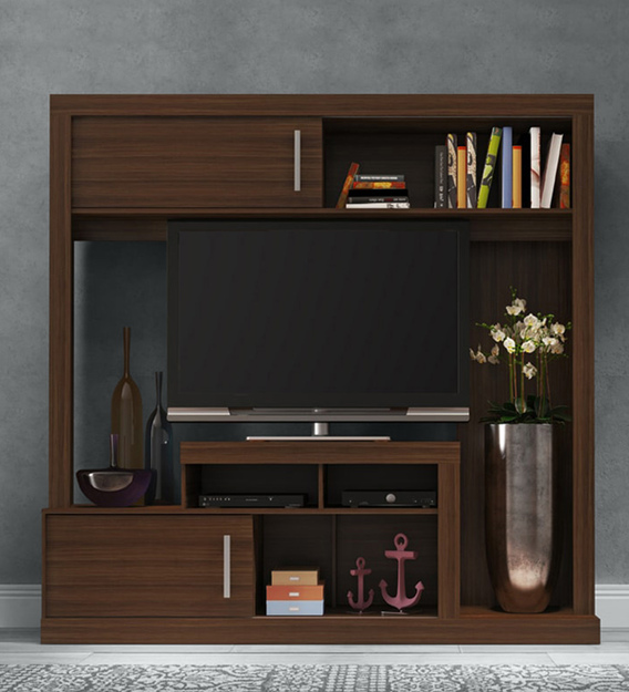 Buy Martina Wall Tv Unit With Sliding Doors In Walnut Finish By Evok Online Tv Units Tv Units Furniture Pepperfry Product