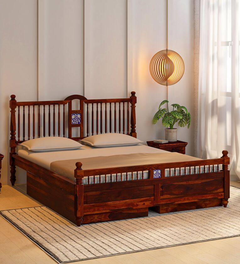 Buy Mayur Solid Wood Queen Size Bed With Drawer Storage In Honey Oak