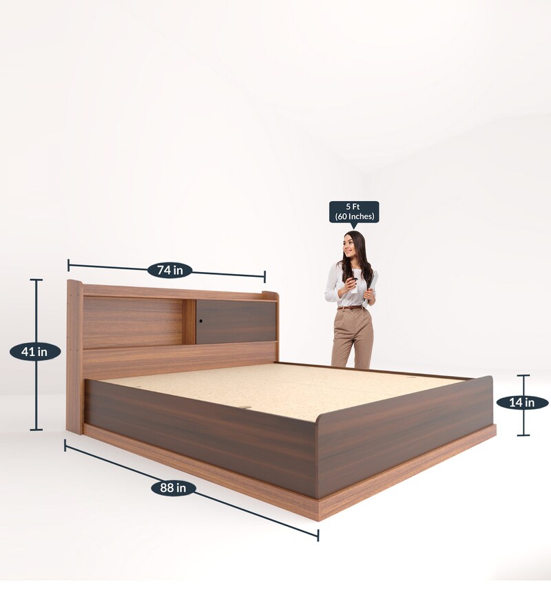 Buy Madrid King Size Bed with Headboard & Box Storage in Teak Finish By