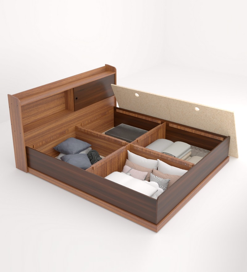 Buy Madrid King Size Bed with Headboard & Box Storage in Teak Finish By