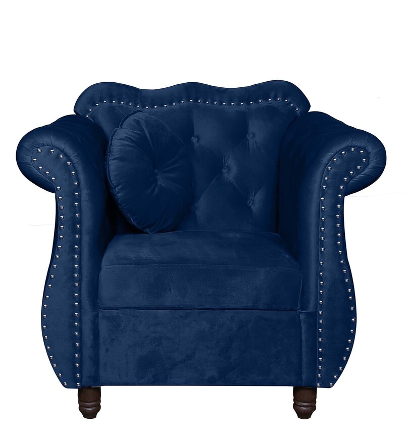 Buy Maharaja Velvet 1 Seater Sofa in Blue Colour by Woodbonds Online -  Chesterfield 1 Seater Sofas - 1 Seater Sofas - Furniture - Pepperfry Product