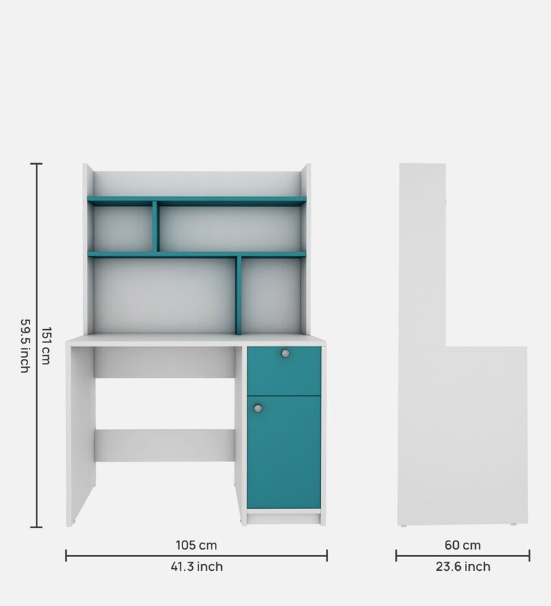 Buy Malta Hutch Desk in Frosty White And Ocean Green Finish by Woodbuzz Online Hutch Desks