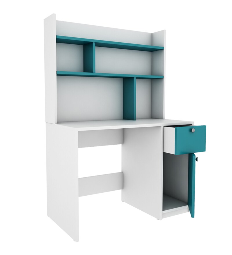 Buy Malta Hutch Desk in Frosty White And Ocean Green Finish by Woodbuzz