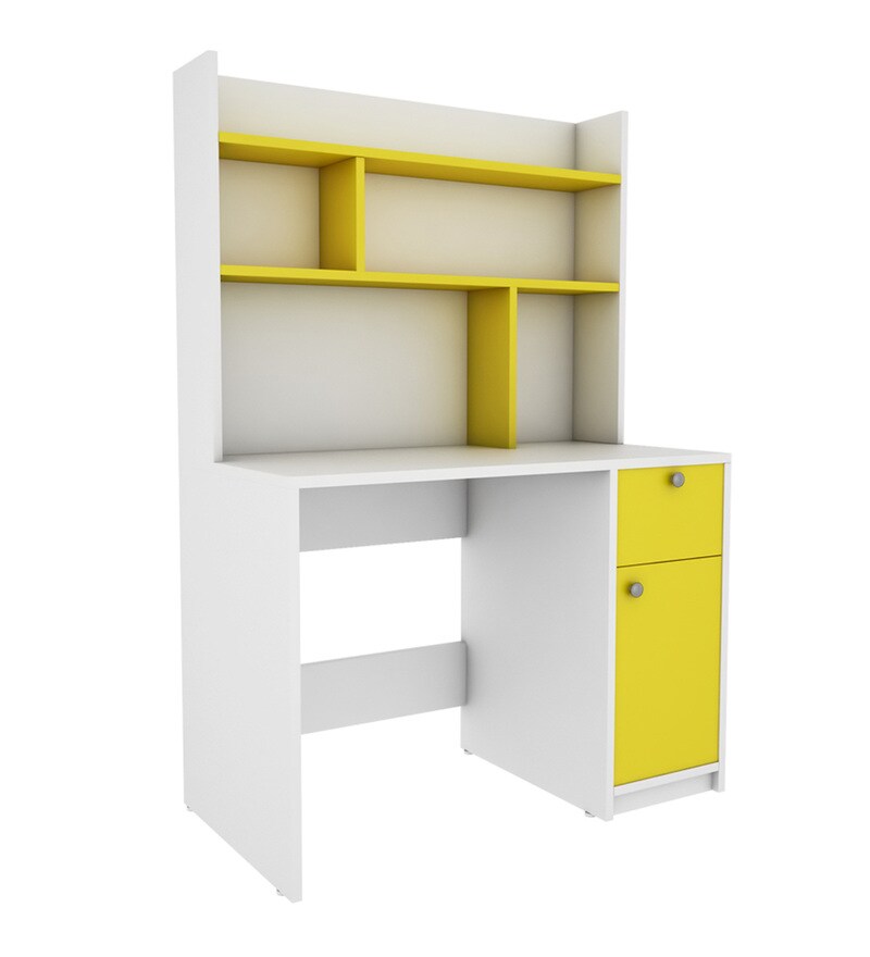 Buy Malta Hutch Desk in Frosty White And Yellow Finish by Woodbuzz