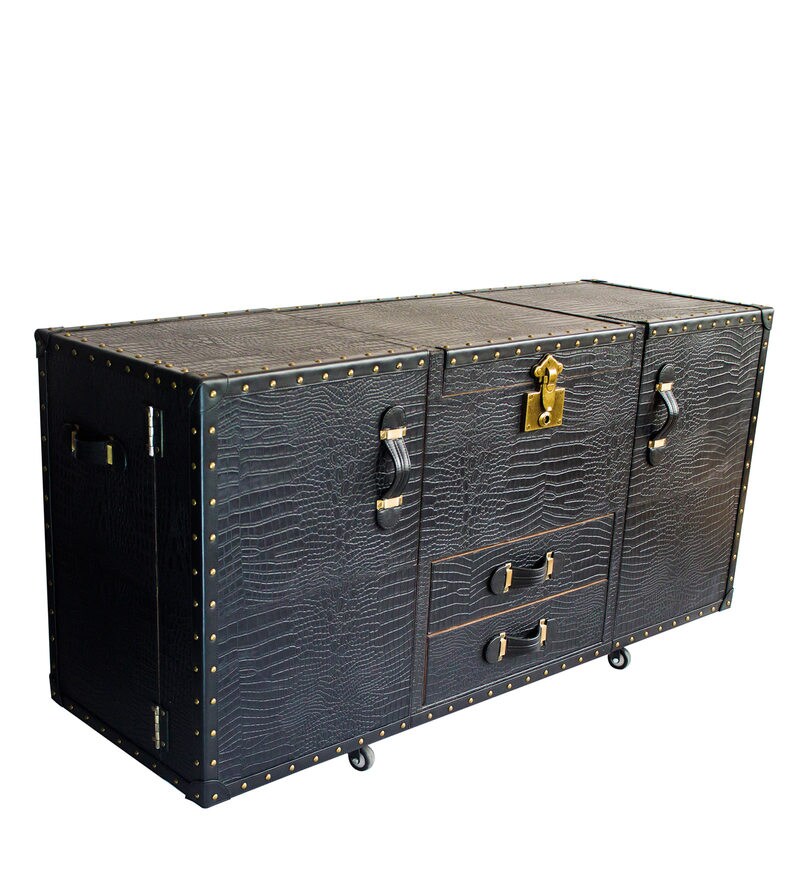 Buy Manhattan Portable Bar Console on Wheels in Black Genuine Leather By Studio Ochre