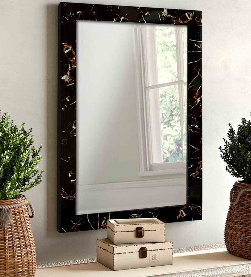 Buy Marble Finish Decorative Mirror in Black Colour Online Wall