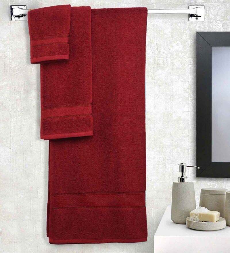 Buy Maroon Solid 600 GSM Cotton 3 Pieces Towel Set by SWHF Online Solid Colour Towels Sets