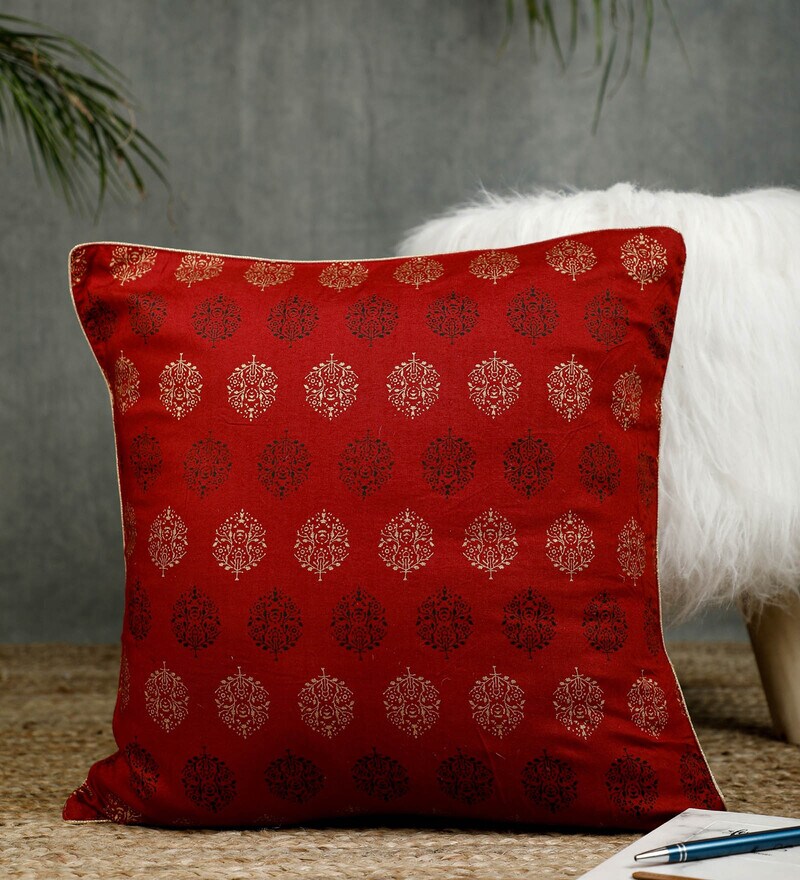 Buy Maroon Cotton Floral 18x18 inches Cushion Cover by Jaipur Folk