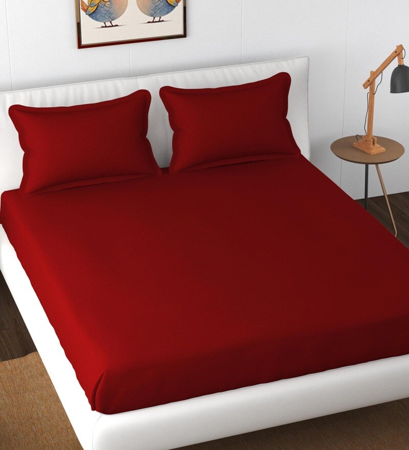 Buy Maroon Solid 300 TC Cotton King Size Fitted Bedsheet With 2 Pillow
