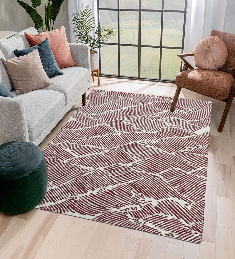 Buy Maroon Wool Geometric 4 x 6 Feet Hand Tufted Carpet by MRIC Online