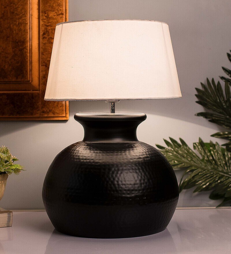 Buy Matt Black Hammered Pitcher Table Lamp with Green Cone Shade Online