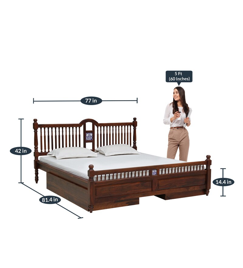 Buy Mayur Solid Wood King Size Bed With Drawer Storage In Honey Oak