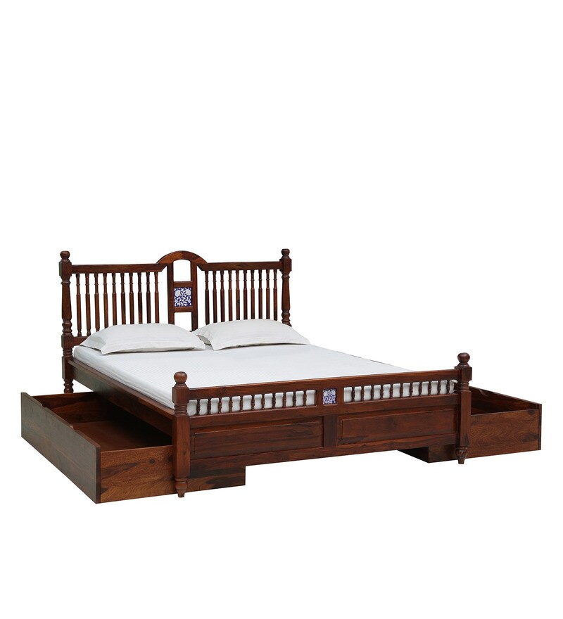 Buy Mayur Solid Wood Queen Size Bed With Drawer Storage In Honey Oak