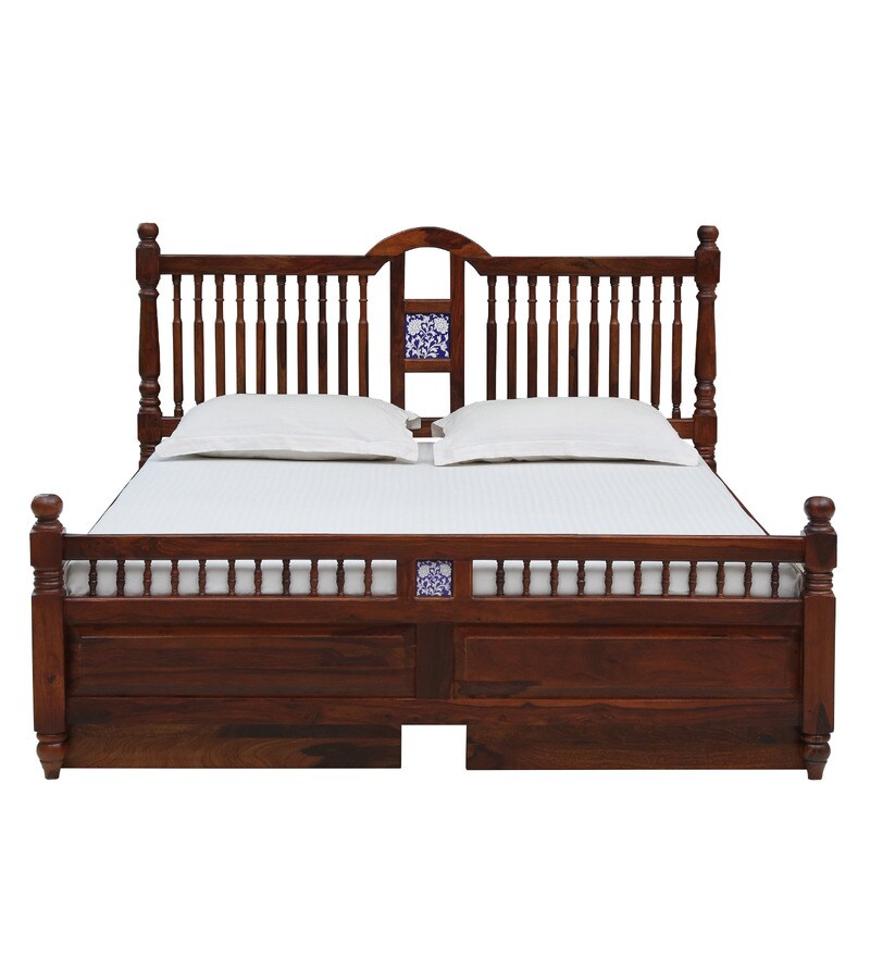 Buy Mayur Solid Wood Queen Size Bed With Drawer Storage In Honey Oak