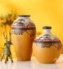 Madhubani Earthen Dartix (Set Of 2) Yellow Terracotta Floor Vases