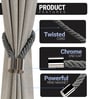 Grey Magnetic Curtain Tiebacks for Window Drapes Strong Rope Holdback Buckle (Pack of 2)