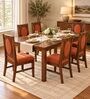 Mandala 6 Seater Dining Set In Provincial Teak Finish With Terracotta Orange Colour Chair Mandala 6 Seater Dining Set In Provincial Teak Finish With Terracotta Orange Colour Chair