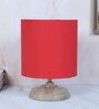 Circular Mangowood Table Lamp with Red Cotton Shade