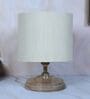 Circular Mangowood Table Lamp with Off White White Cotton Shade