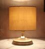 Circular Mangowood Table Lamp with Off White White Cotton Shade