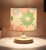 Circular Mangowood Table Lamp with Floral Print Satin Shade
