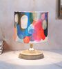 Circular Mangowood Table Lamp with Abstract Print Satin Shade