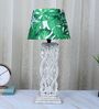 Rustic White French Mangowood Table Lamp with Palm Print Satin Shade