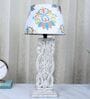 Rustic White French Mangowood Table Lamp with English Oak Print Satin Shade