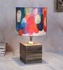 Square Block Style Mangowood Table Lamp with Abstract Print Satin Shade