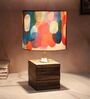Square Block Style Mangowood Table Lamp with Abstract Print Satin Shade
