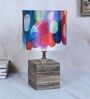 Square Block Style Mangowood Table Lamp with Abstract Print Satin Shade