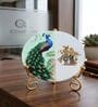 Marble Half Peacock Radha Krishna Wall Plate With Folding Metal Stand