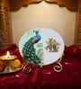 Marble Half Peacock Radha Krishna Wall Plate With Folding Metal Stand