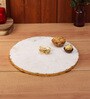 Marble Platter White Round With Gold Foil Work   Metal Flower  Embedded ite Plain