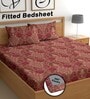 Maroon 180 TC Floral Cotton Fitted Double Bedsheet 2 Pillow covers