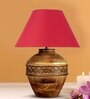Maroon Cotton Fabric Shade Cromwell Large Natural Carved Wood Table Lamp With Brown Base