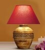 Maroon Cotton Fabric Shade Cromwell Large Natural Carved Wood Table Lamp With Brown Base