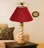 Maroon Jute Table Lamp With G Wood  Base 10X19 Inches
