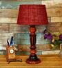 Traditional Maroon Natural Fiber Shade Night Lamp With Wood Base
