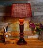 Traditional Maroon Natural Fiber Shade Night Lamp With Wood Base