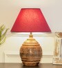 Humphry Maroon Cottan Fabric Shade Night Lamp With Wood Base